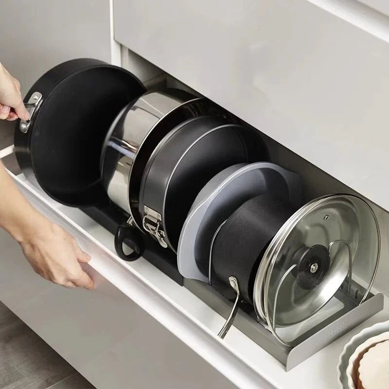 Pot lid storage rack, suitable for cabinet drawers, a kitchen organizing tool suitable for storing cookware.