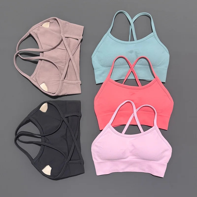 Histello Backless Sports Bra Women Seamless Yoga Top High Support Fitness Underwear Back Cross Gym Crop Top Running Workout Bras