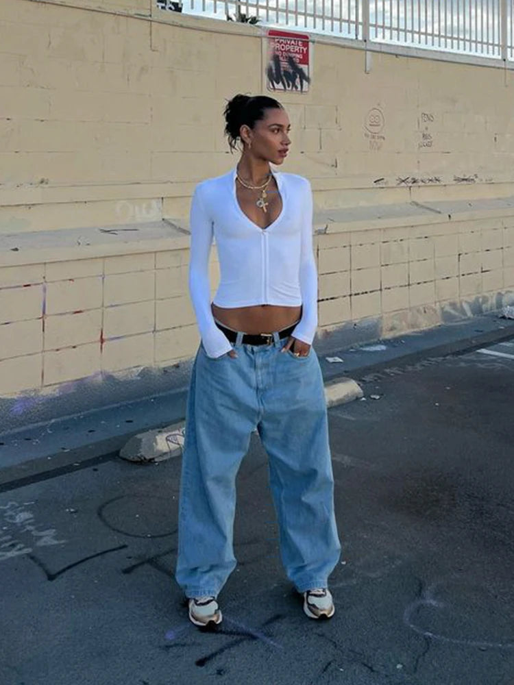 CNYISHE Solid Sexy Club Women Bodysuits Fashion Casual Zipper Long Sleeveless V-Neck Streetwear Y2k Slim Tops Tees Female Blusas