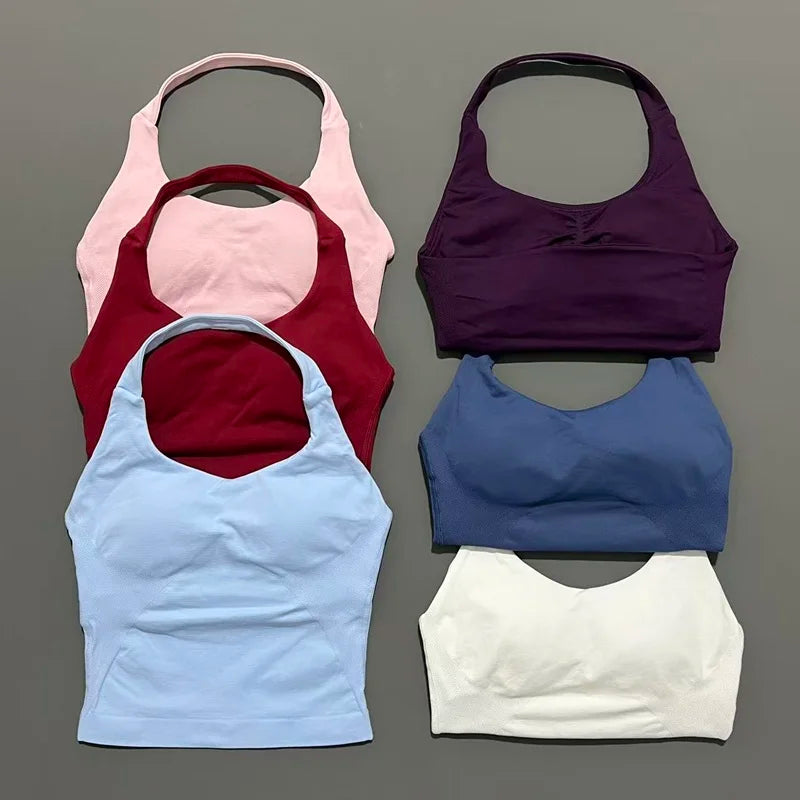 Histello Longline Strappy Top Women Sports Tank Halter Seamless Ruched Backless Gym Activewear Workout Yoga Fitness Tops