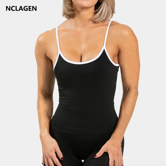 NCLAGEN Woman Sports Tank Top Open Back Gym Clothes Fitness Yoga Vest Thin Strap Push-up Dry Fit Workout Running Pilates Blouse