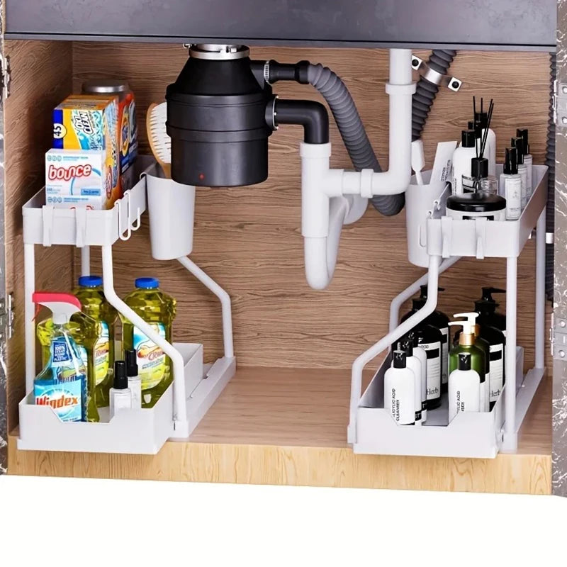 Space Saving 2 Tier Pull Out Storage Box Durable Large Capacity Kitchen Bathroom Essential Drawer Organizer