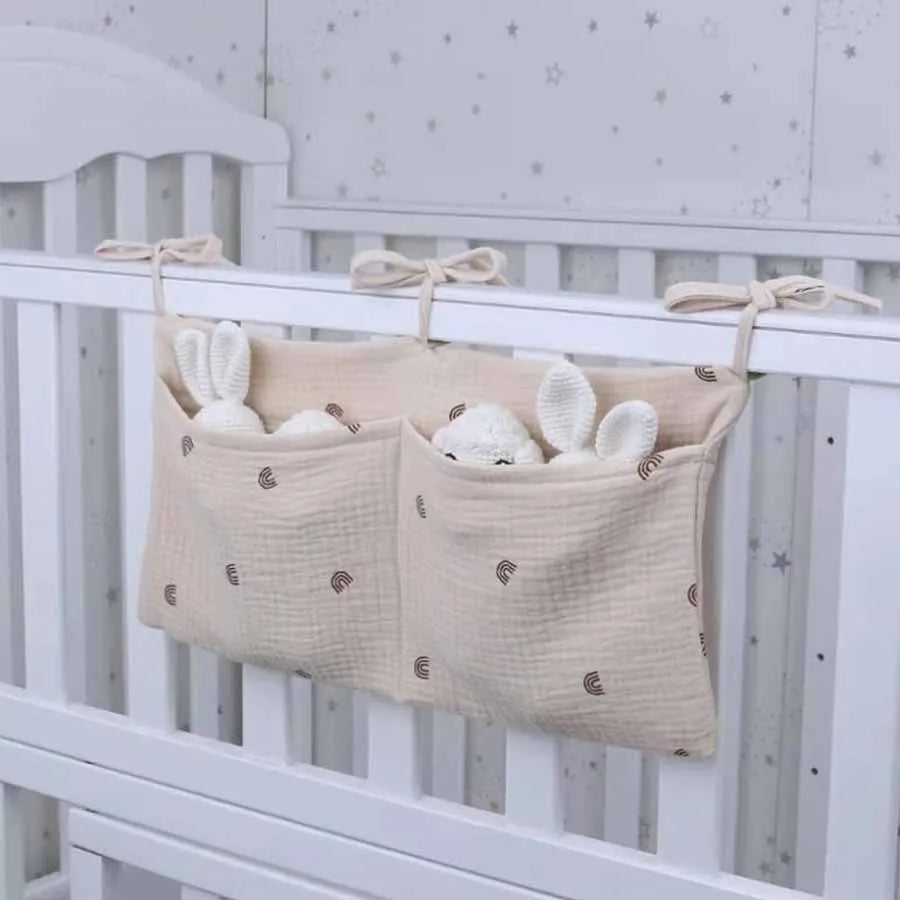 Bedside Hanging Diaper Bag Infant Toys Bag Stroller Diapers Hanging Bag Baby Crib Organizer Cot Caddy Bed Storage Bag 2 Pockets