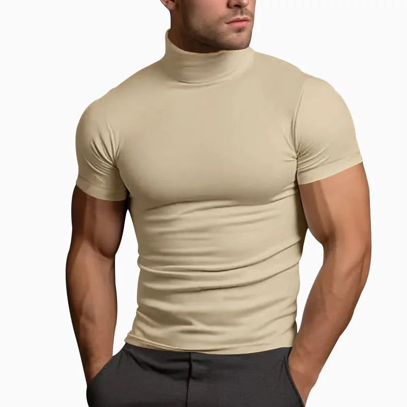 Cross-border Amazon 2024 summer solid color short-sleeved fashion bottoming shirt men's tight turtleneck T-shirt