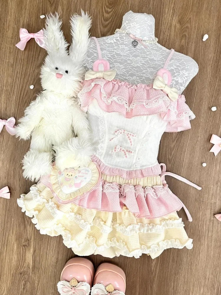 Japanese Sweet Preppy Style 2 Piece Set Women Kawaii Lace Patchwork Bow Tops + Y2k Plaid Mini Skirt Elegant Fashion Outifits New