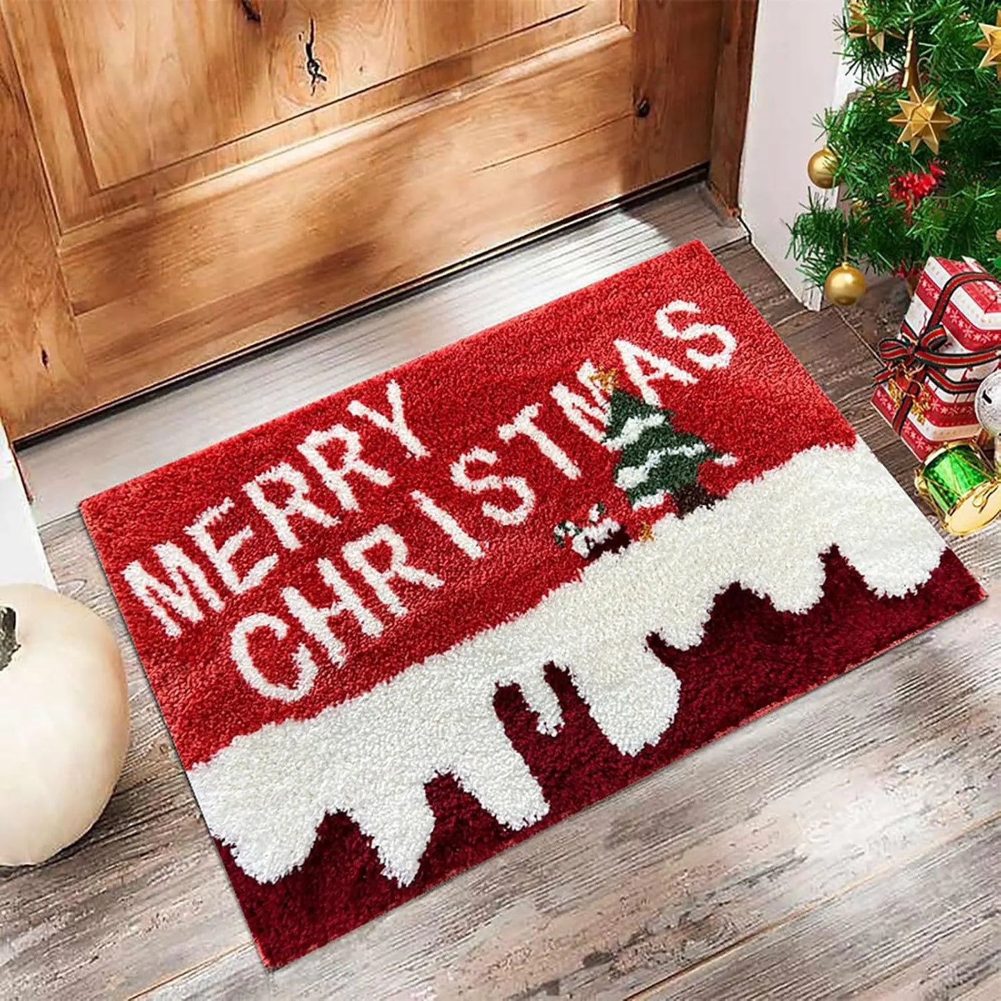 Christmas Door Mat Plaid Pattern Welcome Rug Festive Home Decor Mat Waterproof Non Slip Floor Protector for Xmas Entrance