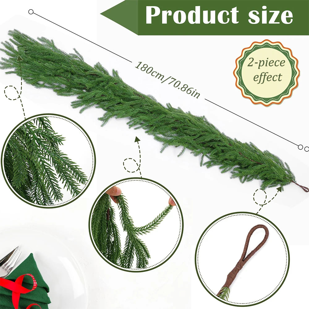 2Pcs Christmas Garland 6 FT Artificial Norfolk Pine Garlands for Winter Mantel Table Wall Xmas New Year Home Party Decorations