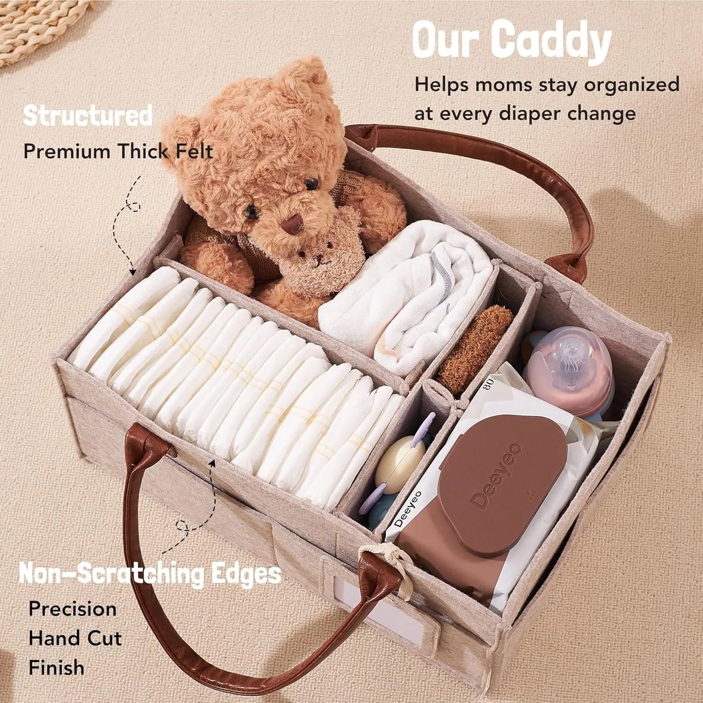 Baby Felt Storage Nursery Organizer Basket Infant Diaper Bag with Handle Caddy Changing Nappy Kids Storage Carrier Large Pocket