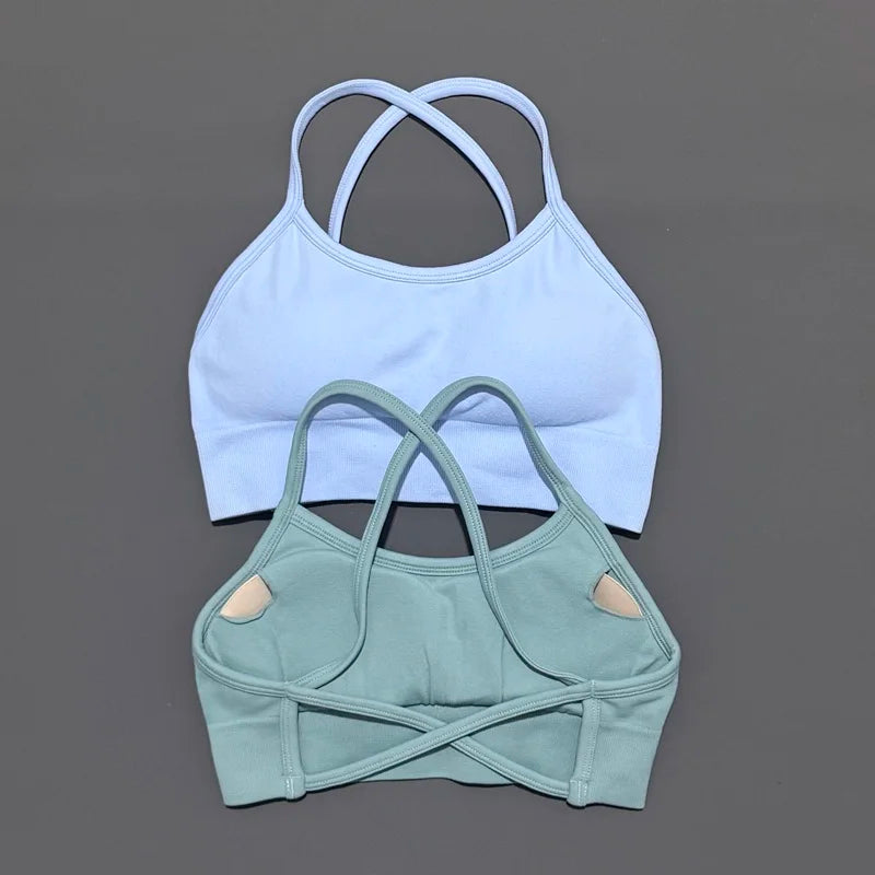 Histello Backless Sports Bra Women Seamless Yoga Top High Support Fitness Underwear Back Cross Gym Crop Top Running Workout Bras