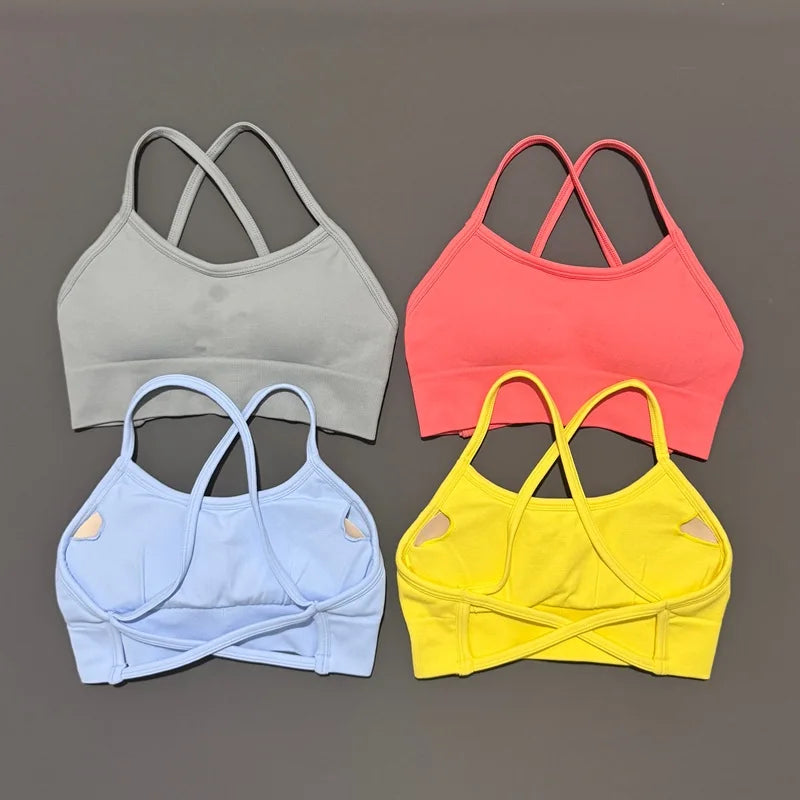 Histello Backless Sports Bra Women Seamless Yoga Top High Support Fitness Underwear Back Cross Gym Crop Top Running Workout Bras