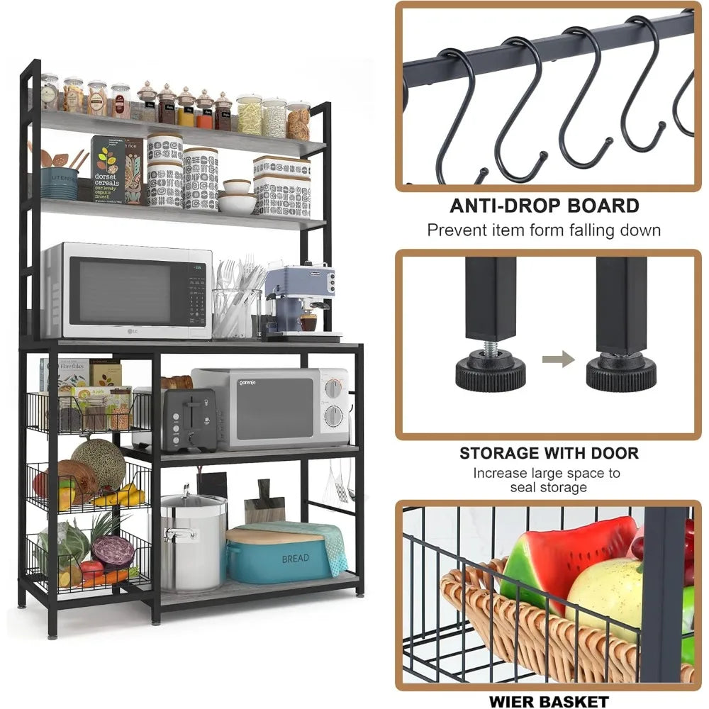 Kitchen Bakers Rack with Baskets,Free Standing Shelf,5-Tier Kitchen Utility Storage Shelf with Hooks, Microwave Oven Stand Rack