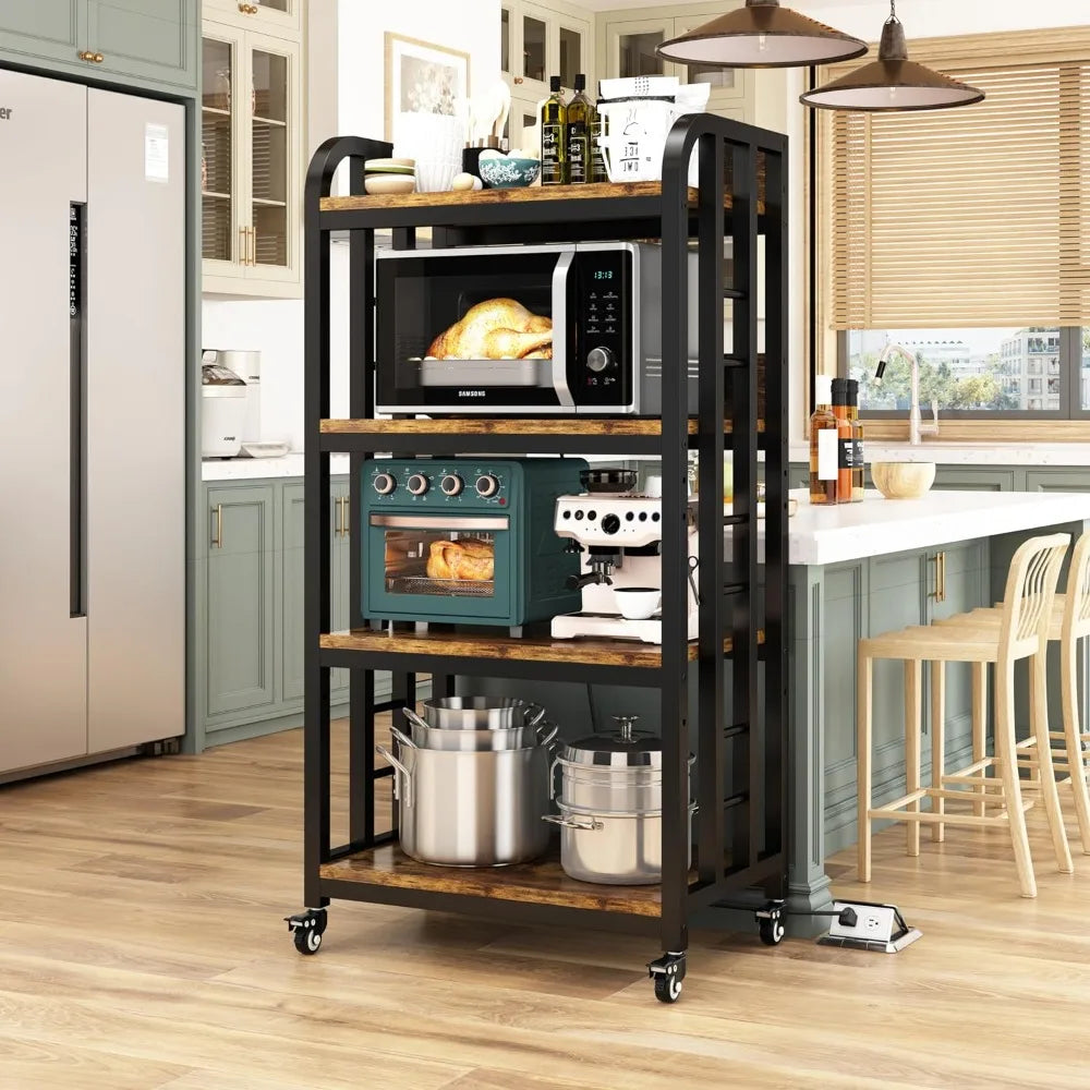 4-Tier Kitchen Bakers Rack with Power Outlet and Rolling Wheels, Microwave Stand with Storage, Adjustable Kitchen Shelves Freest