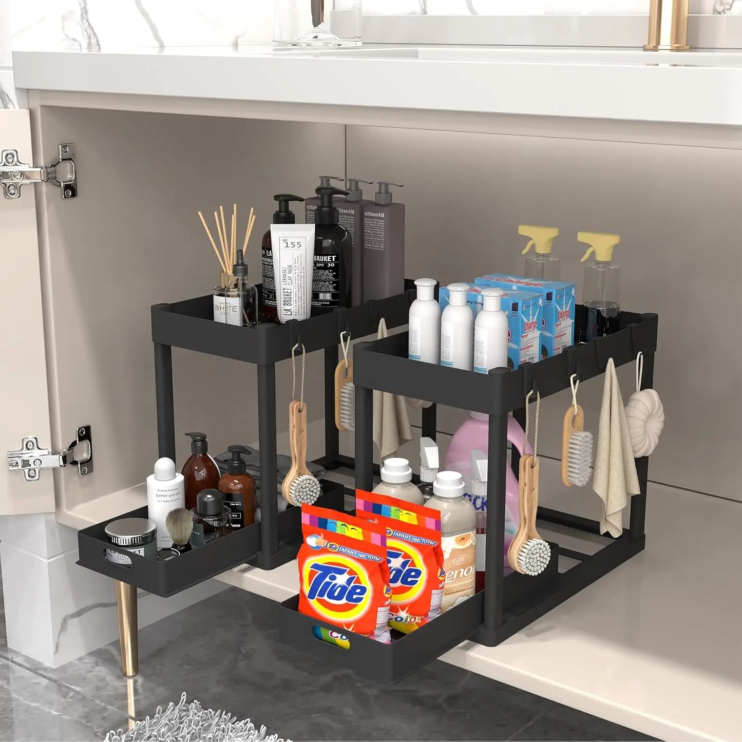 2-Piece Double-Tier Pull-Out Under-Sink Storage Rack Set Kitchen and Bathroom Sink Shelving Unit, Storage Rack