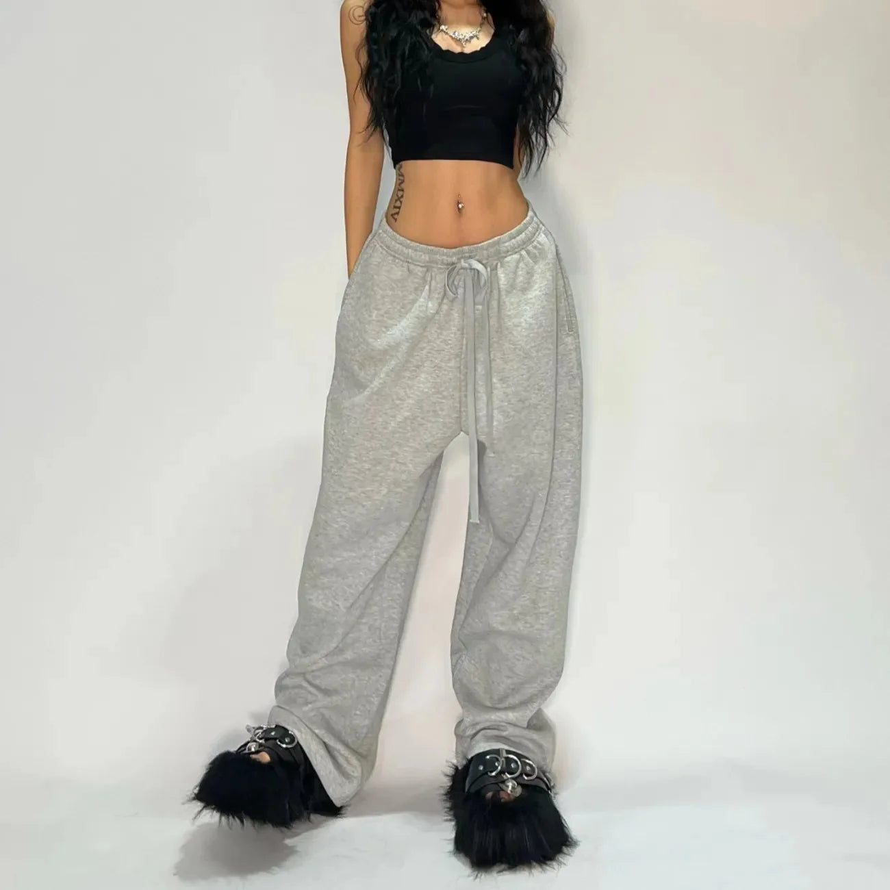Retro Y2K Baggy Pants Fashion Women Pocket Elastic Waist Oversized Vintgae Wide Leg Pant Casual Streetwear Sweatpant Trousers