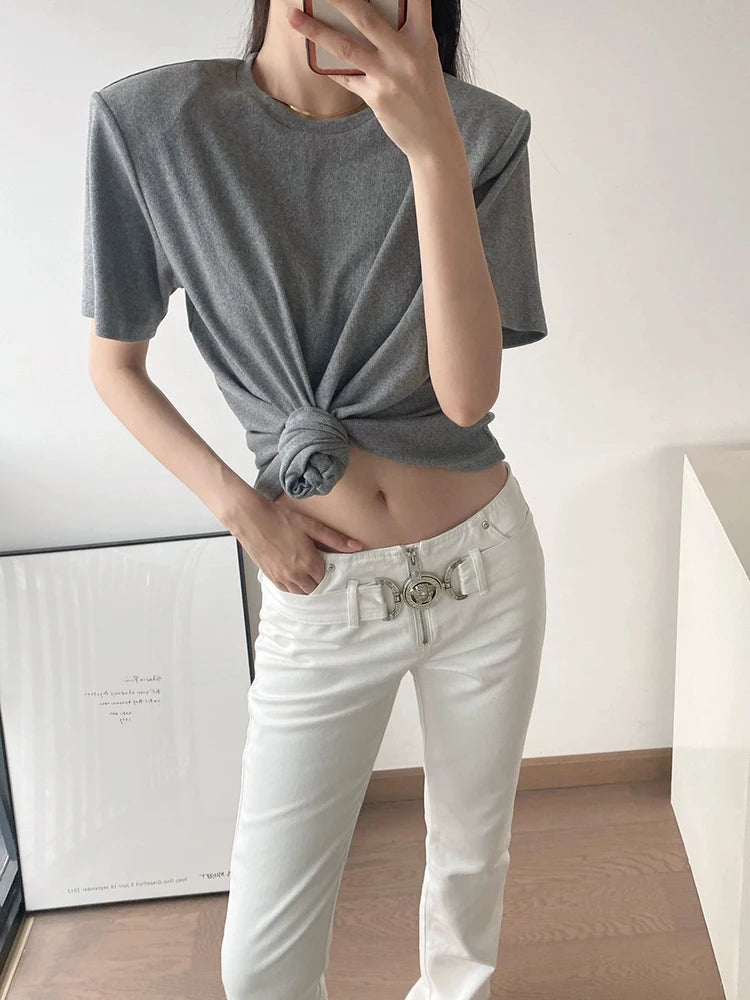 Y2K knotted twist knitted threaded round neck Top women fashionable and versatile navel padded shoulder short-sleeved T-shirt